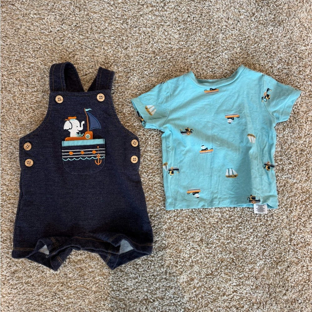 Navy Sailboat Embroidered Romper + Aqua Boat Print Tee